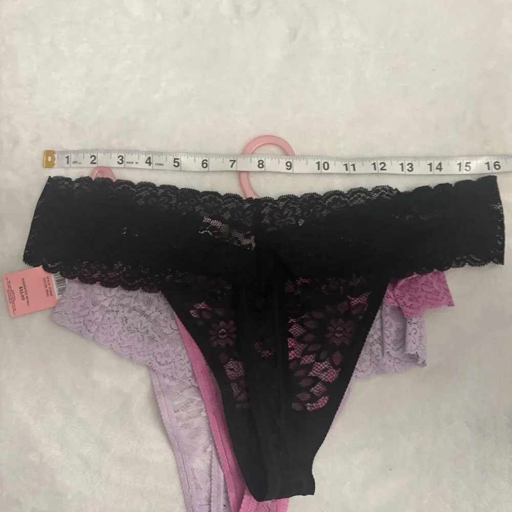 Juicy Couture Lace Thong Panty Coquette Set 3-Pack In Black Pink & Lavender 1X - Picture 6 of 9